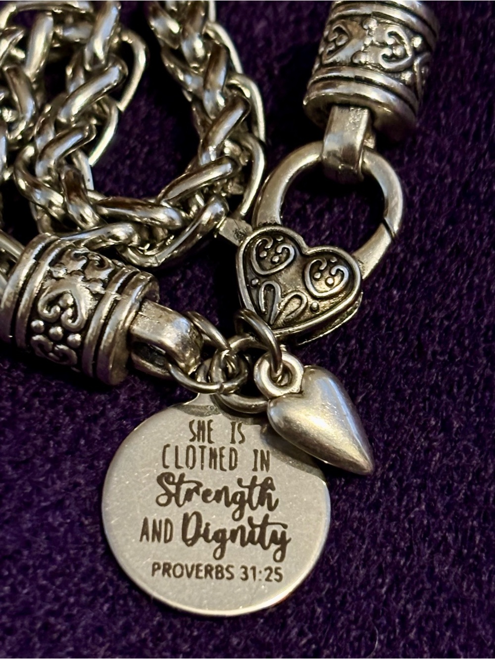 Inspirational Proverbs 31:25 Silver-Tone Charm Bracelet with Heart